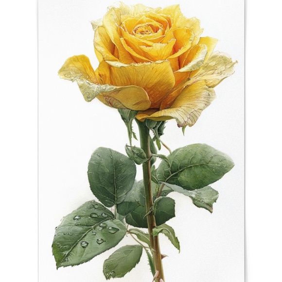 Watercolor Single Yellow Rose Wall Art Print Poster, Unframed - Delicate Floral - Picture 2 of 6